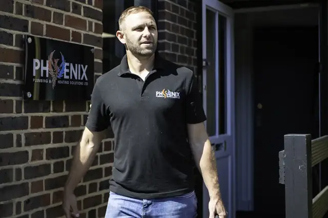 Phoenix director Luke outside the Phoenix Plumbing & Heating office in Maidstone