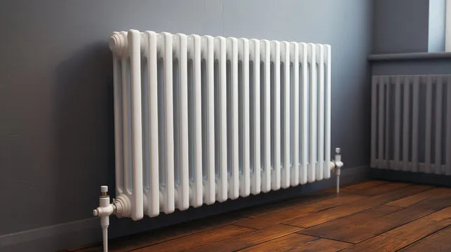 White column radiator in a living room with wooden floors, supplied and fitted by Phoenix